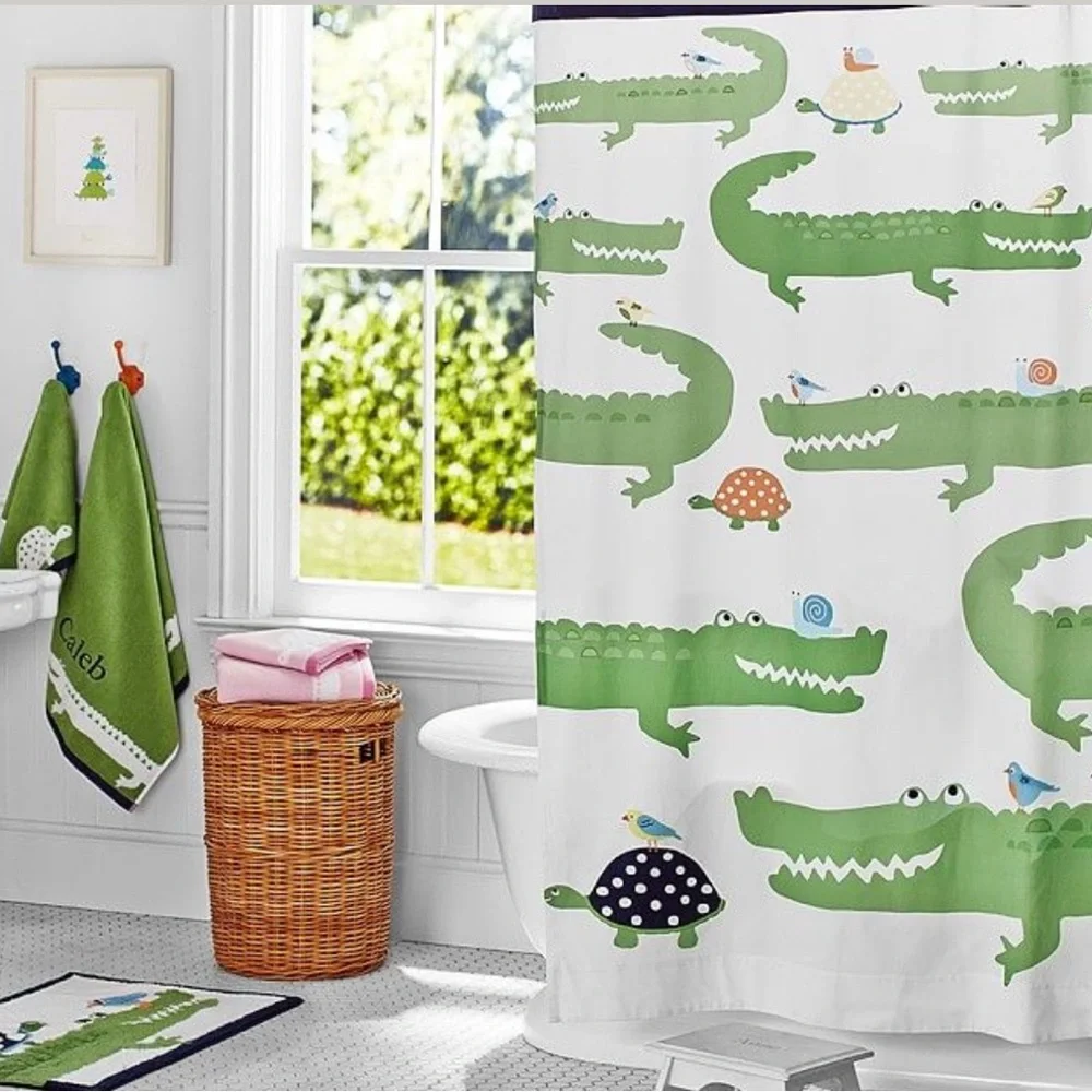 Pottery Barn Kids Green Crocodile Print Shower Curtain liner & hooks whimsy